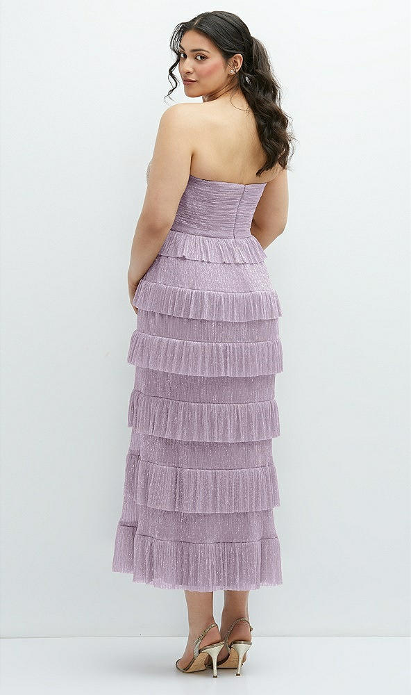 Back View - Metallic Lilac Haze Ruffle Tiered Skirt Metallic Pleated Strapless Midi Dress