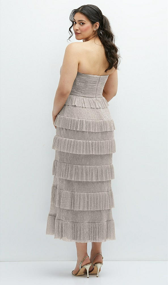 Back View - Metallic Taupe Ruffle Tiered Skirt Metallic Pleated Strapless Midi Dress