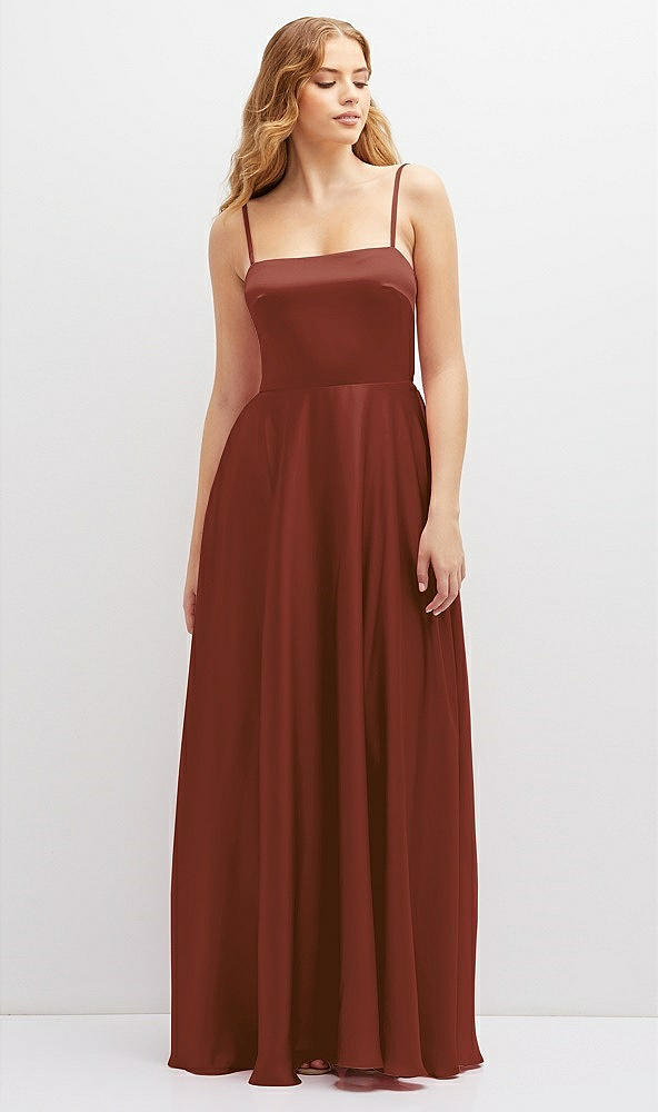 Front View - Auburn Moon Adjustable Sash Tie Back Satin Maxi Dress with Full Skirt