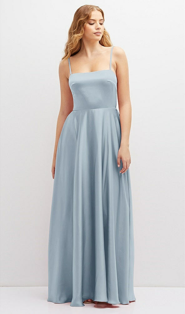 Front View - Mist Adjustable Sash Tie Back Satin Maxi Dress with Full Skirt