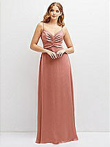 Alt View 1 Thumbnail - Desert Rose Vertical Ruched Bodice Satin Maxi Dress with Full Skirt