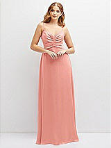 Alt View 1 Thumbnail - Rose - PANTONE Rose Quartz Vertical Ruched Bodice Satin Maxi Dress with Full Skirt