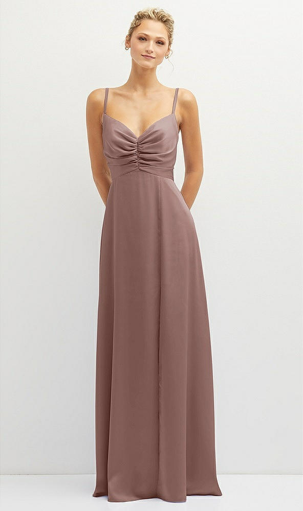 Front View - Sienna Vertical Ruched Bodice Satin Maxi Dress with Full Skirt