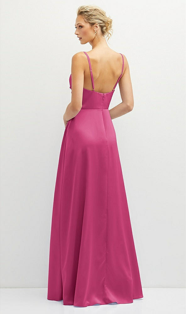 Back View - Tea Rose Vertical Ruched Bodice Satin Maxi Dress with Full Skirt