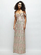 Front View Thumbnail - Blush Off-the-Shoulder A-line Floral Embroidered Dress with Skinny Tie Sash