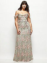 Front View Thumbnail - Cashmere Gray Off-the-Shoulder A-line Floral Embroidered Dress with Skinny Tie Sash