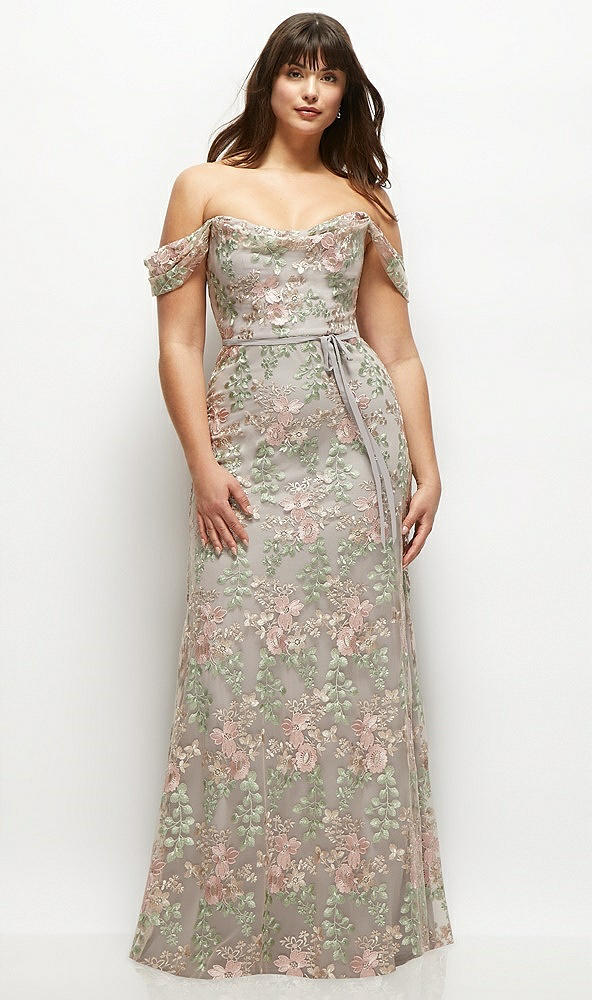 Front View - Cashmere Gray Off-the-Shoulder A-line Floral Embroidered Dress with Skinny Tie Sash