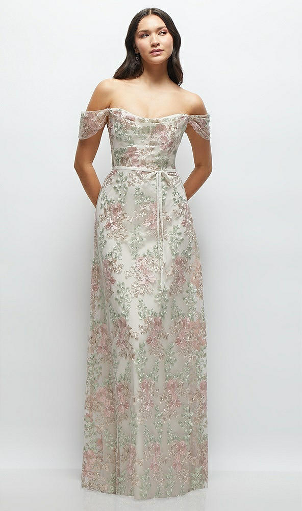 Front View - Oat Off-the-Shoulder A-line Floral Embroidered Dress with Skinny Tie Sash