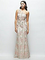 Front View Thumbnail - Blush One-Shoulder Fit and Flare Floral Embroidered Dress with Skinny Tie Sash