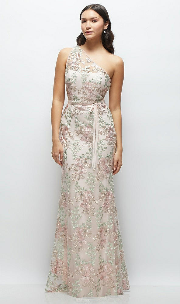 Front View - Blush One-Shoulder Fit and Flare Floral Embroidered Dress with Skinny Tie Sash