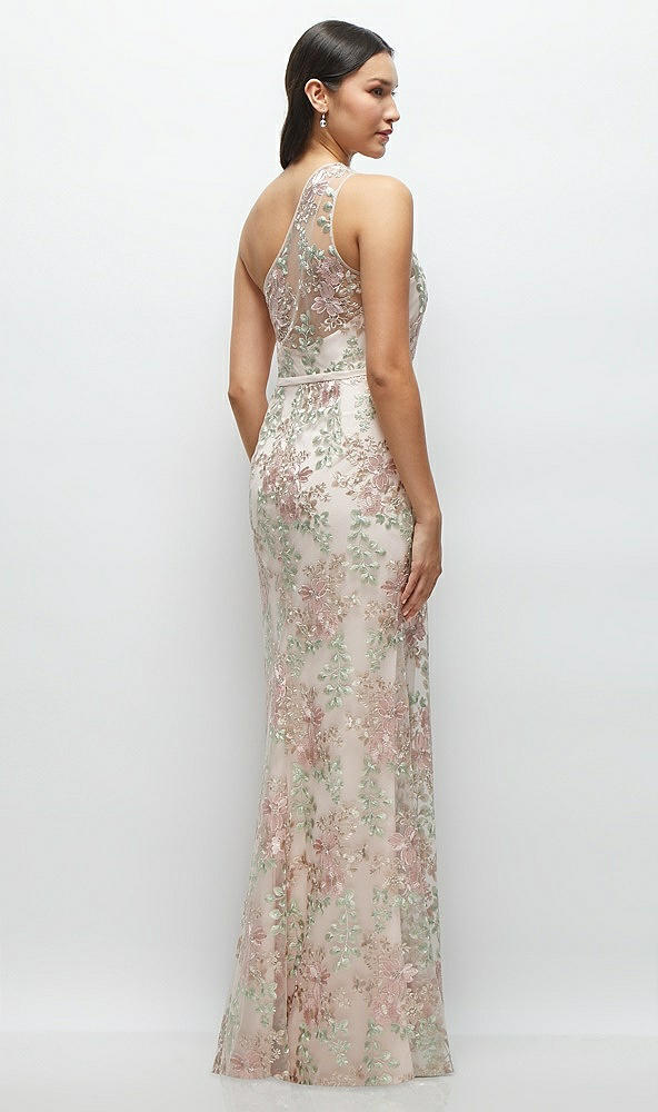 Back View - Blush One-Shoulder Fit and Flare Floral Embroidered Dress with Skinny Tie Sash