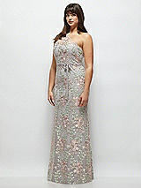 Side View Thumbnail - Cashmere Gray One-Shoulder Fit and Flare Floral Embroidered Dress with Skinny Tie Sash