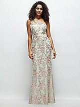 Front View Thumbnail - Oat One-Shoulder Fit and Flare Floral Embroidered Dress with Skinny Tie Sash