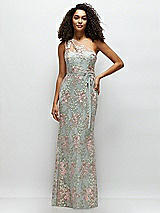 Front View Thumbnail - Willow Green One-Shoulder Fit and Flare Floral Embroidered Dress with Skinny Tie Sash