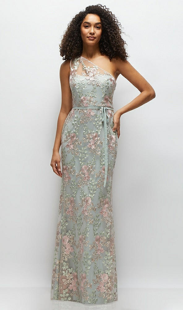 Front View - Willow Green One-Shoulder Fit and Flare Floral Embroidered Dress with Skinny Tie Sash