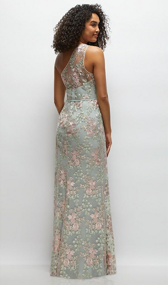 Back View - Willow Green One-Shoulder Fit and Flare Floral Embroidered Dress with Skinny Tie Sash