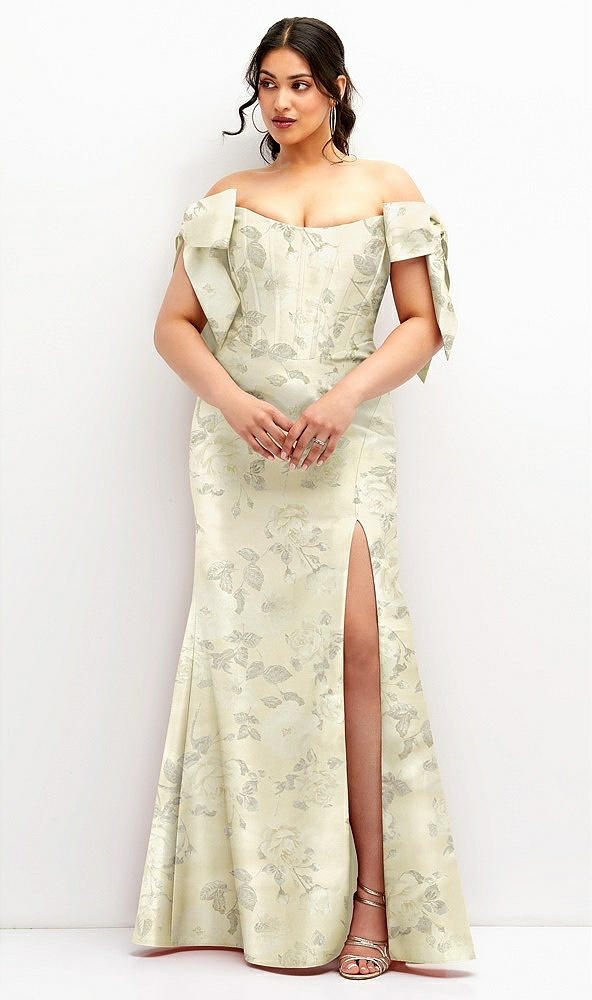 Front View - Butter Yellow Floral Off-the-Shoulder Bow Floral Satin Corset Dress with Fit and Flare Skirt