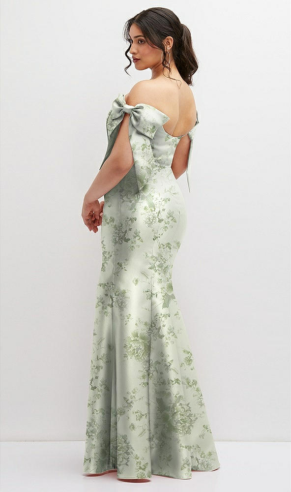 Back View - Sage Cottage Rose Off-the-Shoulder Bow Floral Satin Corset Dress with Fit and Flare Skirt