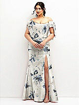 Front View Thumbnail - Inkwash Blue Floral Off-the-Shoulder Bow Floral Satin Corset Dress with Fit and Flare Skirt