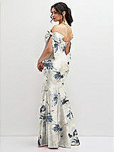 Rear View Thumbnail - Inkwash Blue Floral Off-the-Shoulder Bow Floral Satin Corset Dress with Fit and Flare Skirt