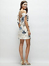 Rear View Thumbnail - Inkwash Blue Floral Floral Satin Off-the-Shoulder Bow Corset Fit and Flare Mini Dress