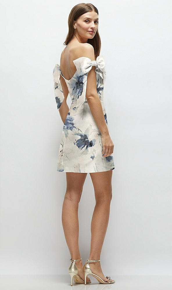 Back View - Inkwash Blue Floral Floral Satin Off-the-Shoulder Bow Corset Fit and Flare Mini Dress