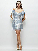 Front View Thumbnail - Porcelain Blue Seraphina Floral Floral Satin Off-the-Shoulder Bow Corset Fit and Flare Mini Dress