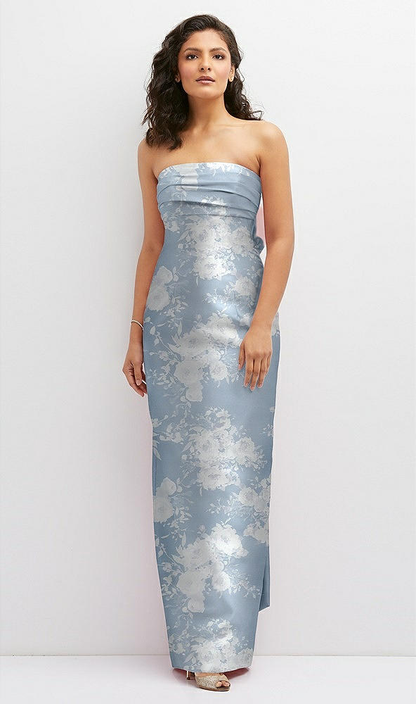 Front View - Porcelain Blue Seraphina Floral Floral Strapless Draped Bodice Column Dress with Oversized Bow