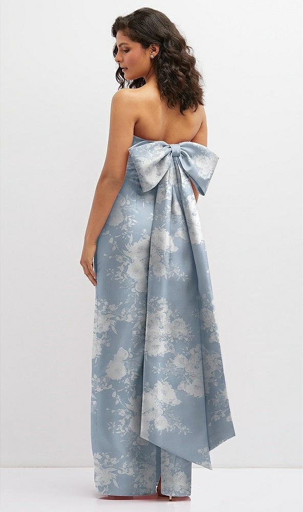 Back View - Porcelain Blue Seraphina Floral Floral Strapless Draped Bodice Column Dress with Oversized Bow