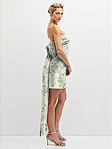 Side View Thumbnail - Sage Cottage Rose Floral Strapless Satin Column Mini Dress with Oversized Bow