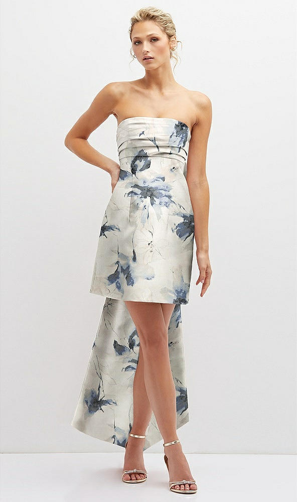 Front View - Inkwash Blue Floral Floral Strapless Satin Column Mini Dress with Oversized Bow