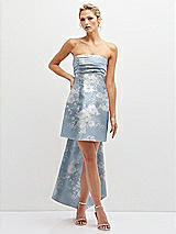 Front View Thumbnail - Porcelain Blue Seraphina Floral Floral Strapless Satin Column Mini Dress with Oversized Bow