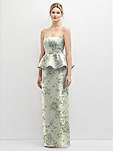 Front View Thumbnail - Sage Cottage Rose Floral Strapless Satin Maxi Dress with Cascade Ruffle Peplum Detail