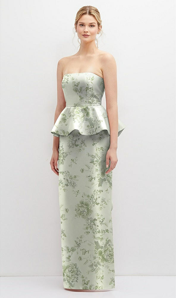 Front View - Sage Cottage Rose Floral Strapless Satin Maxi Dress with Cascade Ruffle Peplum Detail