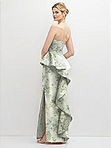 Rear View Thumbnail - Sage Cottage Rose Floral Strapless Satin Maxi Dress with Cascade Ruffle Peplum Detail