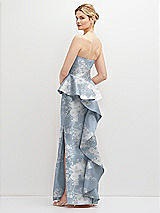 Rear View Thumbnail - Porcelain Blue Seraphina Floral Floral Strapless Satin Maxi Dress with Cascade Ruffle Peplum Detail