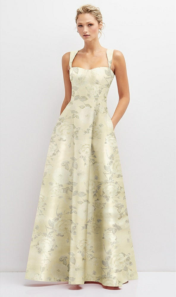 Front View - Butter Yellow Floral Floral Lace-Up Back Bustier Satin Dress with Full Skirt and Pockets