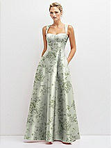 Front View Thumbnail - Sage Cottage Rose Floral Lace-Up Back Bustier Satin Dress with Full Skirt and Pockets