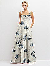 Front View Thumbnail - Inkwash Blue Floral Floral Lace-Up Back Bustier Satin Dress with Full Skirt and Pockets
