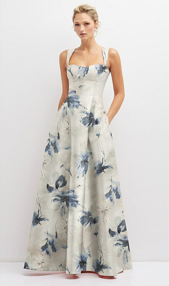 Front View - Inkwash Blue Floral Floral Lace-Up Back Bustier Satin Dress with Full Skirt and Pockets