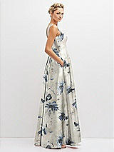 Side View Thumbnail - Inkwash Blue Floral Floral Lace-Up Back Bustier Satin Dress with Full Skirt and Pockets