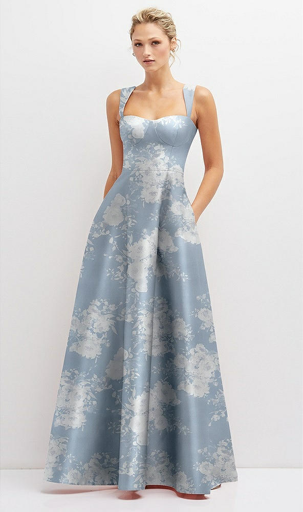 Front View - Porcelain Blue Seraphina Floral Floral Lace-Up Back Bustier Satin Dress with Full Skirt and Pockets