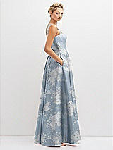 Side View Thumbnail - Porcelain Blue Seraphina Floral Floral Lace-Up Back Bustier Satin Dress with Full Skirt and Pockets