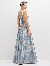 Rear View Thumbnail - Porcelain Blue Seraphina Floral Floral Lace-Up Back Bustier Satin Dress with Full Skirt and Pockets