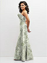 Side View Thumbnail - Sage Cottage Rose Floral Strapless Satin Fit and Flare Dress with Crumb-Catcher Bodice