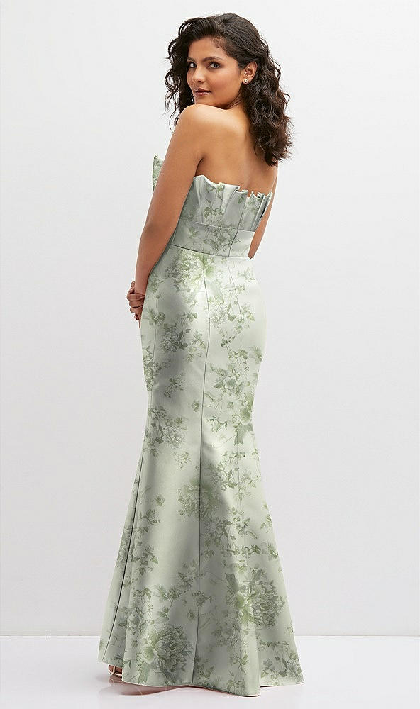 Back View - Sage Cottage Rose Floral Strapless Satin Fit and Flare Dress with Crumb-Catcher Bodice