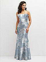 Front View Thumbnail - Porcelain Blue Seraphina Floral Floral Strapless Satin Fit and Flare Dress with Crumb-Catcher Bodice