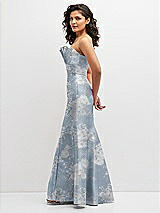 Side View Thumbnail - Porcelain Blue Seraphina Floral Floral Strapless Satin Fit and Flare Dress with Crumb-Catcher Bodice