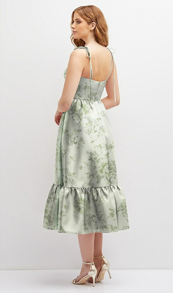 Back View - Sage Cottage Rose Floral Shirred Ruffle Hem Midi Dress with Self-Tie Spaghetti Straps and Pockets