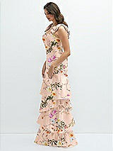 Side View Thumbnail - Butterfly Botanica Pink Sand Floral Bow-Shoulder Satin Maxi Dress with Asymmetrical Tiered Skirt